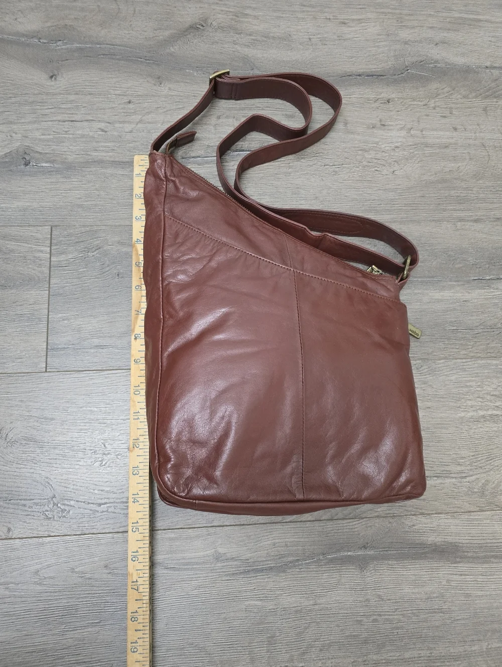 Hobo Asymeyrical Mahogony Leather Shoulder Bag Map Fabric Lining